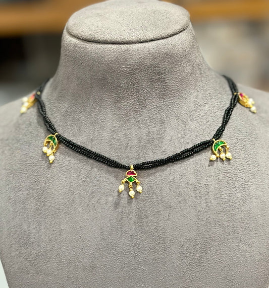 Double Layer Black Beads Mangalsutra with Multicolour Stone Charms
