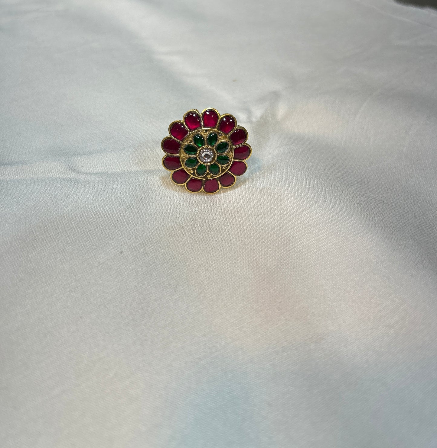 Traditional Ruby–Emerald Floral Kundan Ring