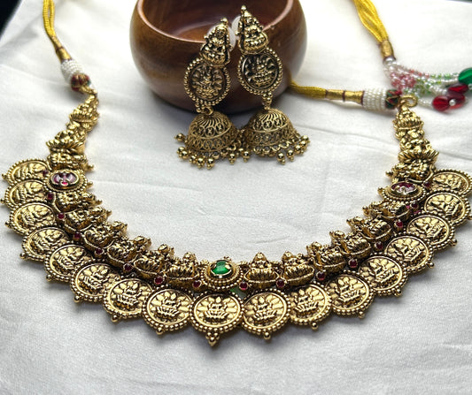 Lakshmi Kasu Mala Necklace Set – With Antique Finish & Temple Jhumkas