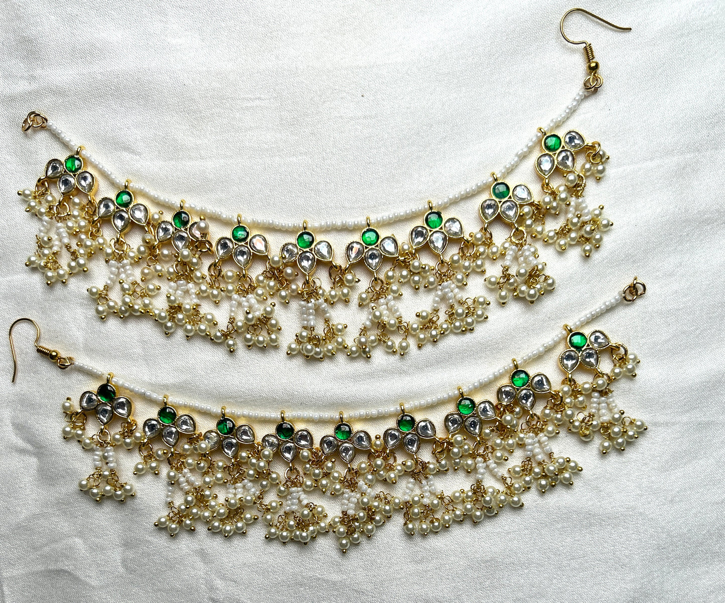 Green-White Kundan Kana Chains with Pearl Jhumki Cluster