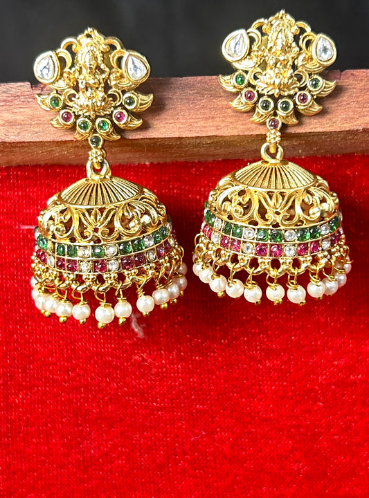 Traditional Temple Jhumka Earrings with Pearl Drops