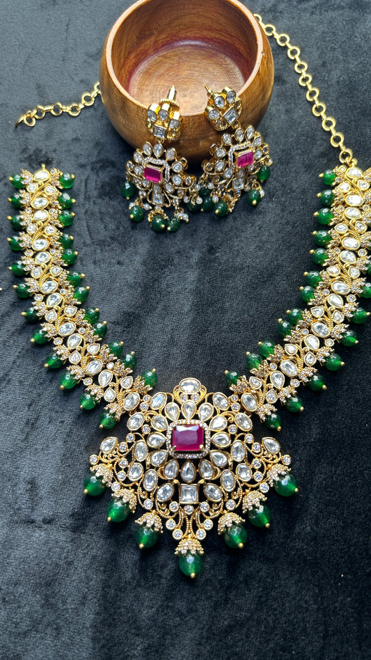 Royal Emerald Kundan Bridal Set – Ruby Red Centerpiece