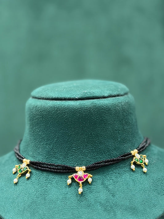Pink & Green Paachi Kundan Black Beaded Necklace with Triple Pendants