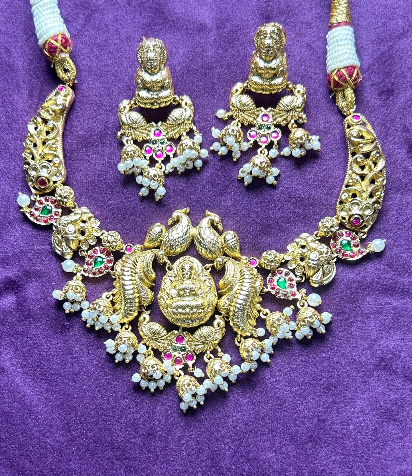 Antique Lakshmi Temple Choker Set with Pearl Drops