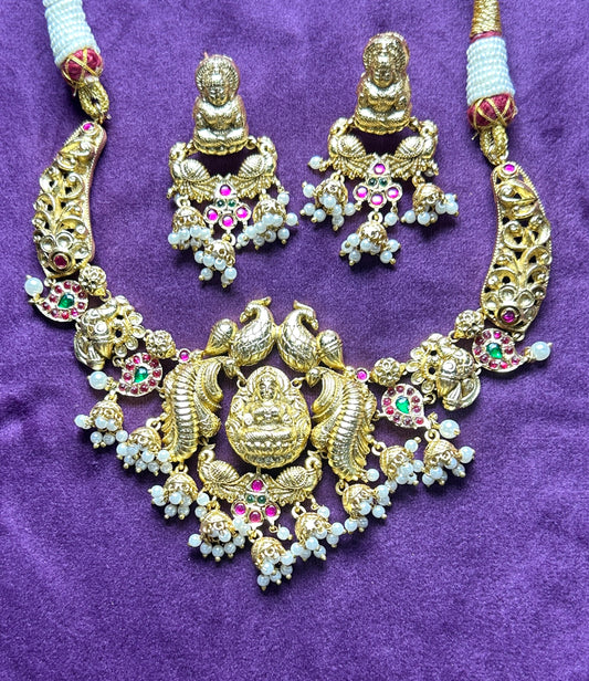 Antique Lakshmi Temple Choker Set with Pearl Drops