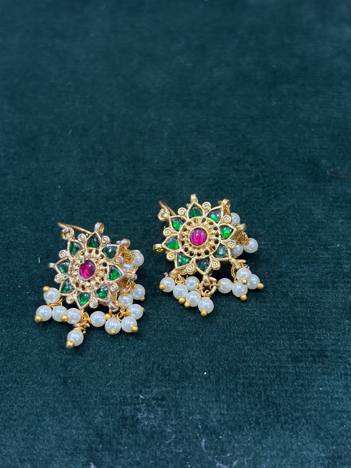 Traditional Green & Pink Stone Bugadi Earrings