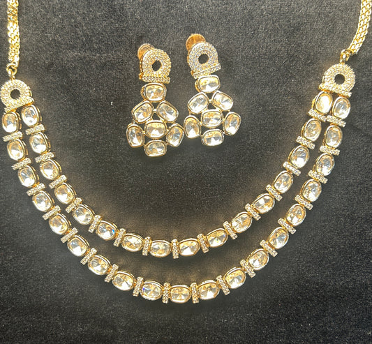 Classic Double-Line Polki Necklace Set