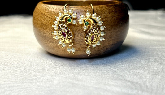 Peacock-Inspired Pearl Bugdi Earrings