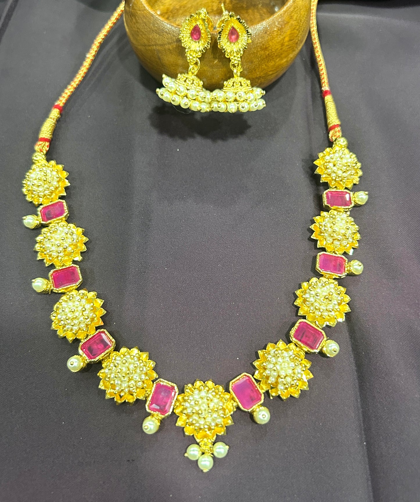 Ruby & Pearl Floral Necklace Set