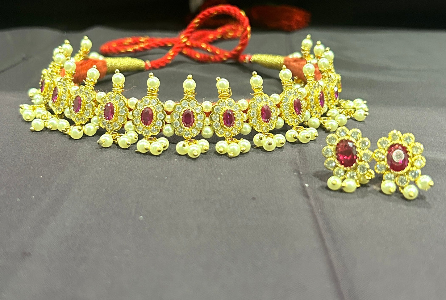 Pearl & Ruby Floral Choker Set