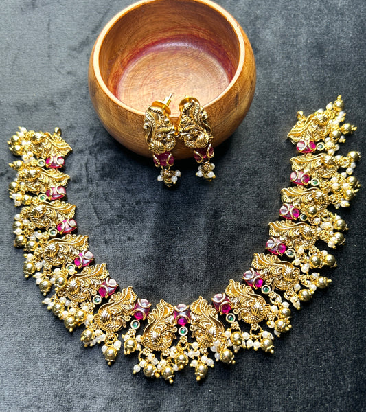 Peacock Motif Temple Necklace Set – Antique Gold with Pearl Drops