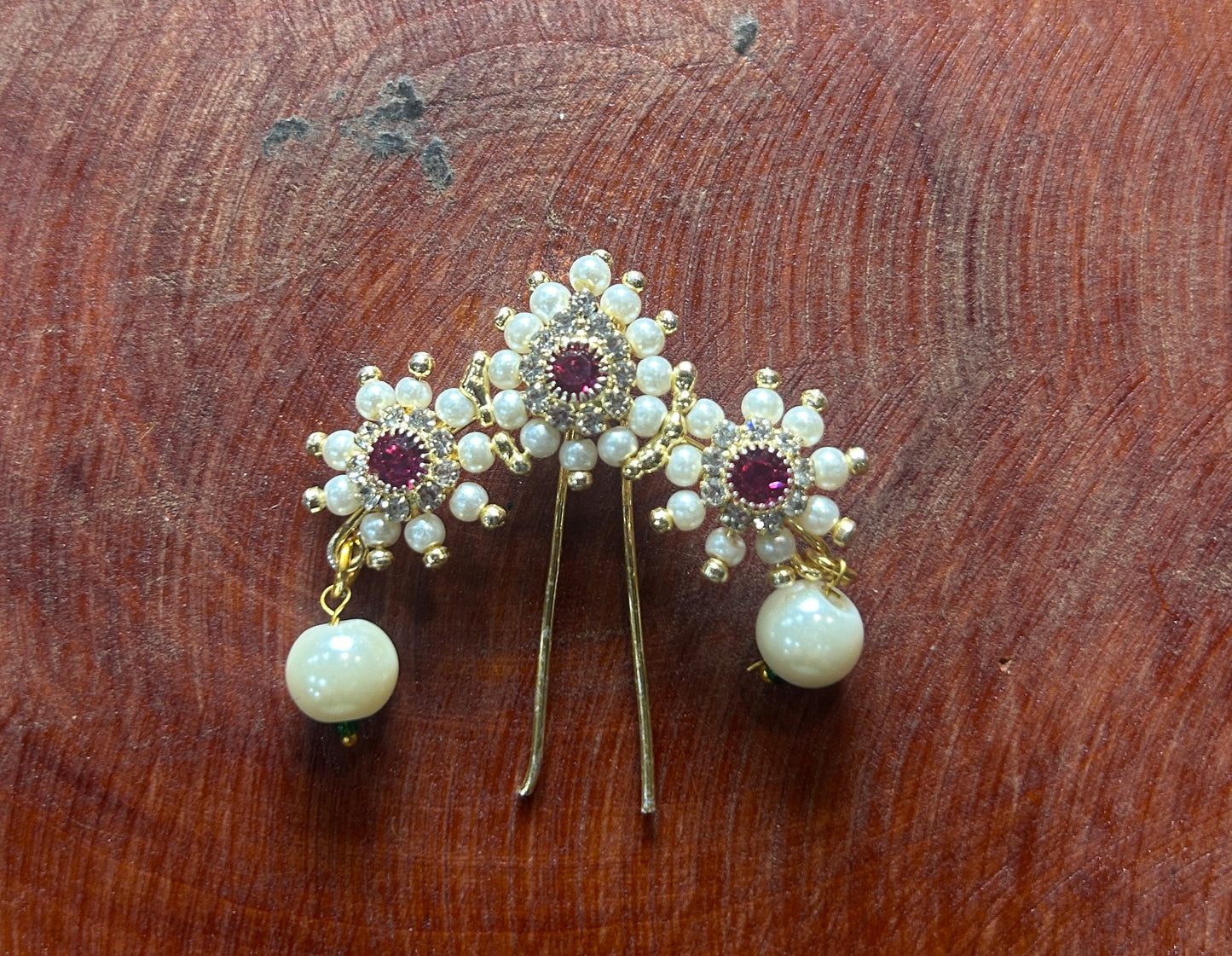 Floral Pearl Hair Pin with Ruby Center & Dangling Pearl