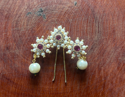 Floral Pearl Hair Pin with Ruby Center & Dangling Pearl