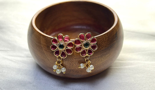 Pink Floral Kundan Bugdi with Pearl Drops