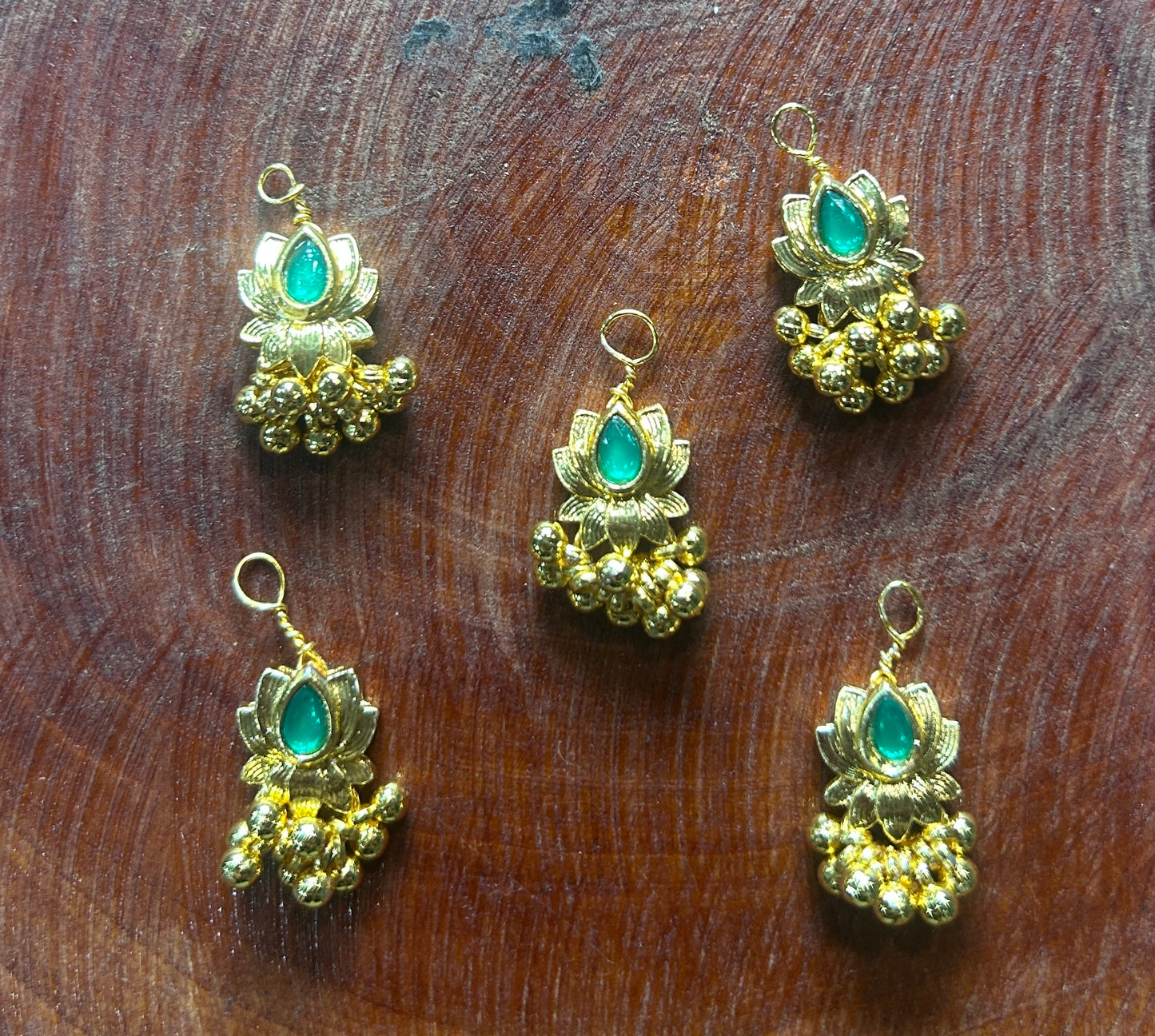 Lotus Charm Hair Accessory with Green Stone & Golden Beads