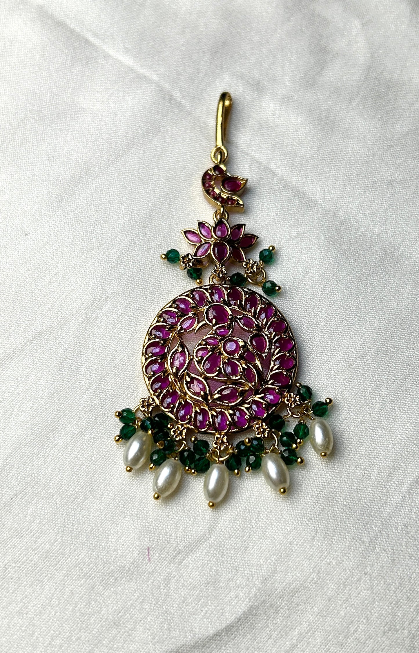 Paisley & Lotus Kundan Maang Tikka with Pearl Drops