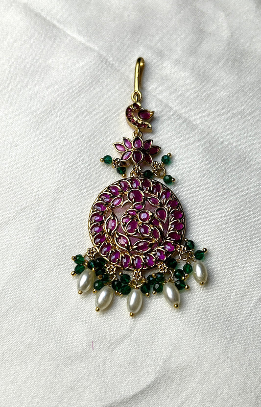 Paisley & Lotus Kundan Maang Tikka with Pearl Drops