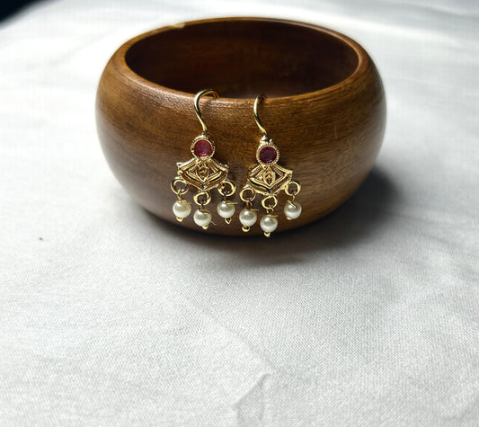 Geometric Motif Earrings with Ruby Accent & Pearl Danglers