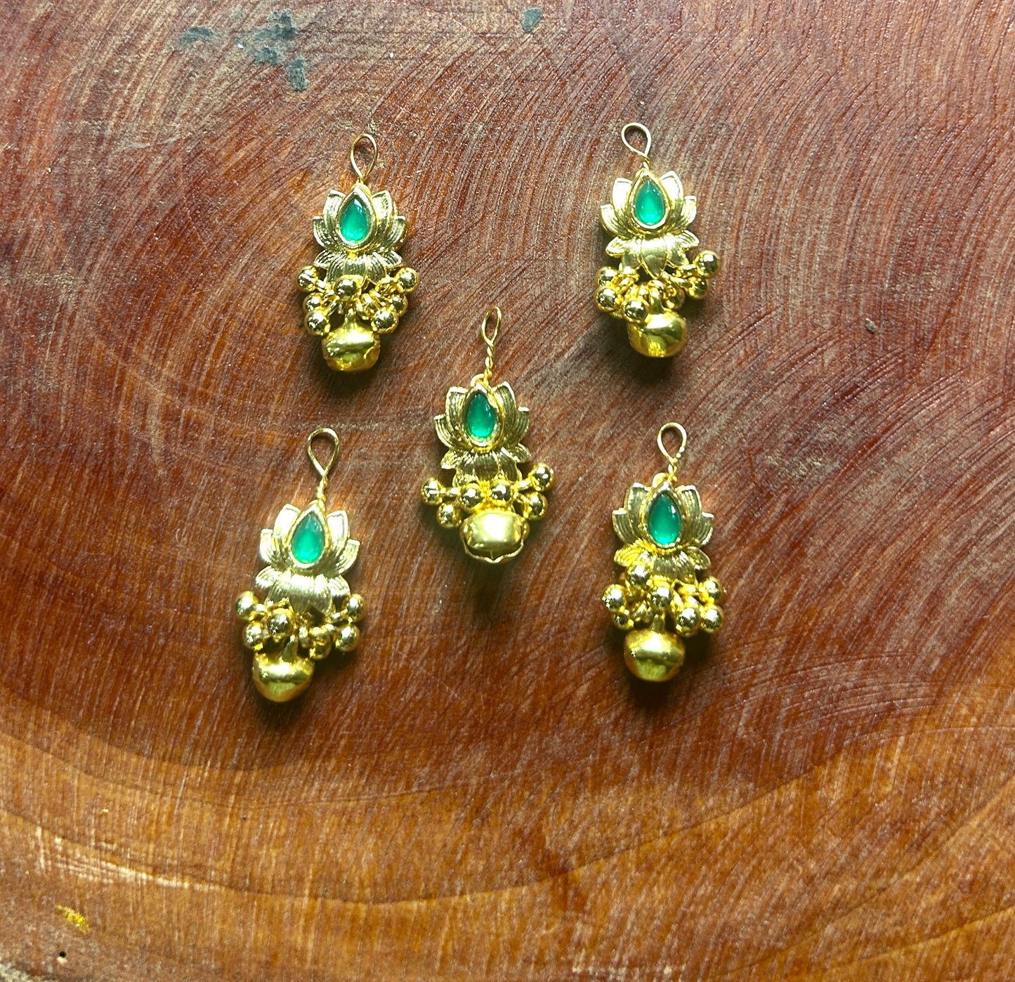 Golden Lotus Hair Accessory with Emerald Green Stone & Ghungroo