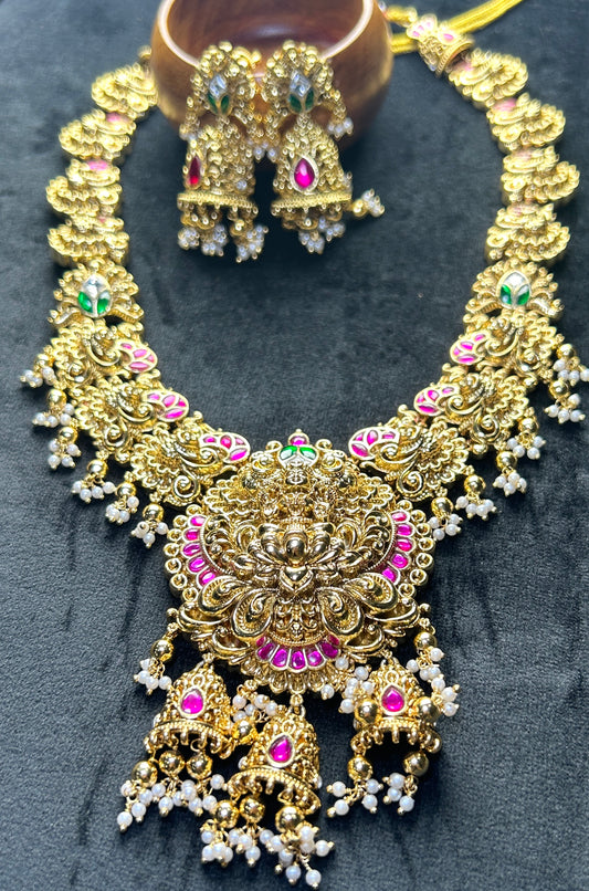 Temple Jhumka Pendant Long Necklace Set