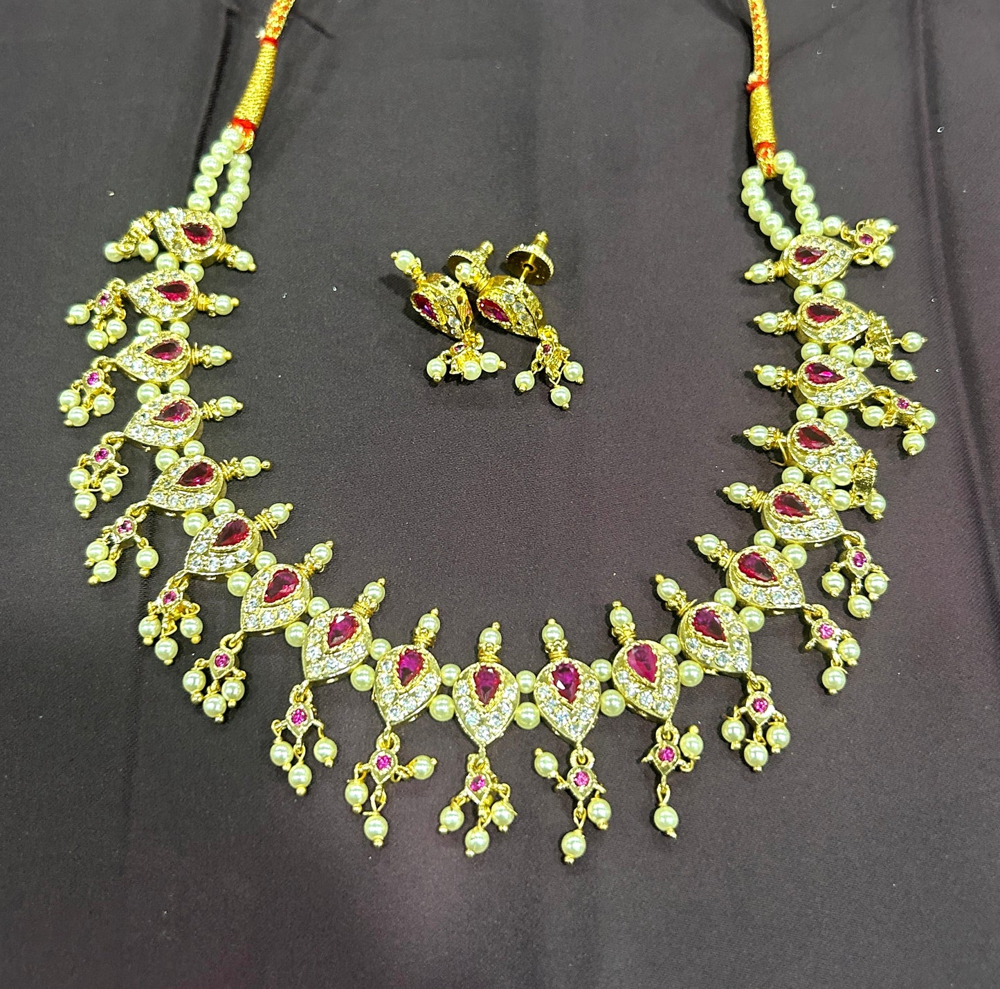 Pearl & Ruby Stone Bridal Necklace Set