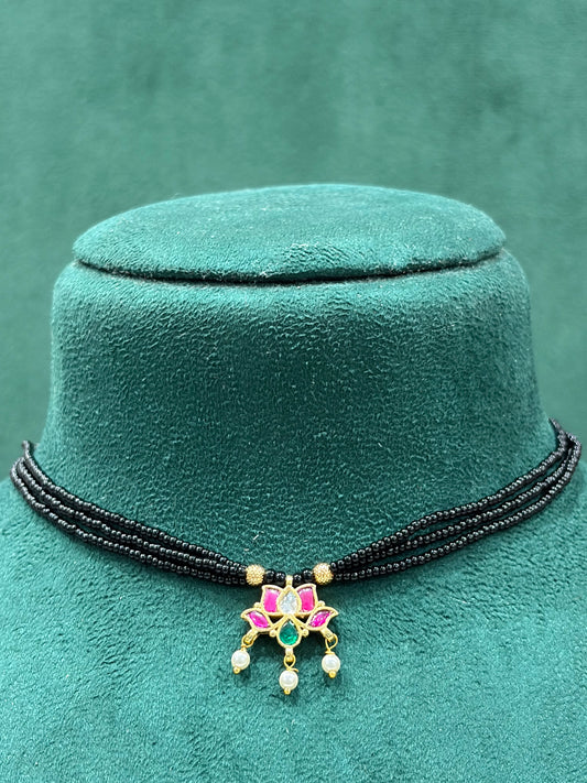 Pink & Green Floral Paachi Kundan Black Beaded Necklace