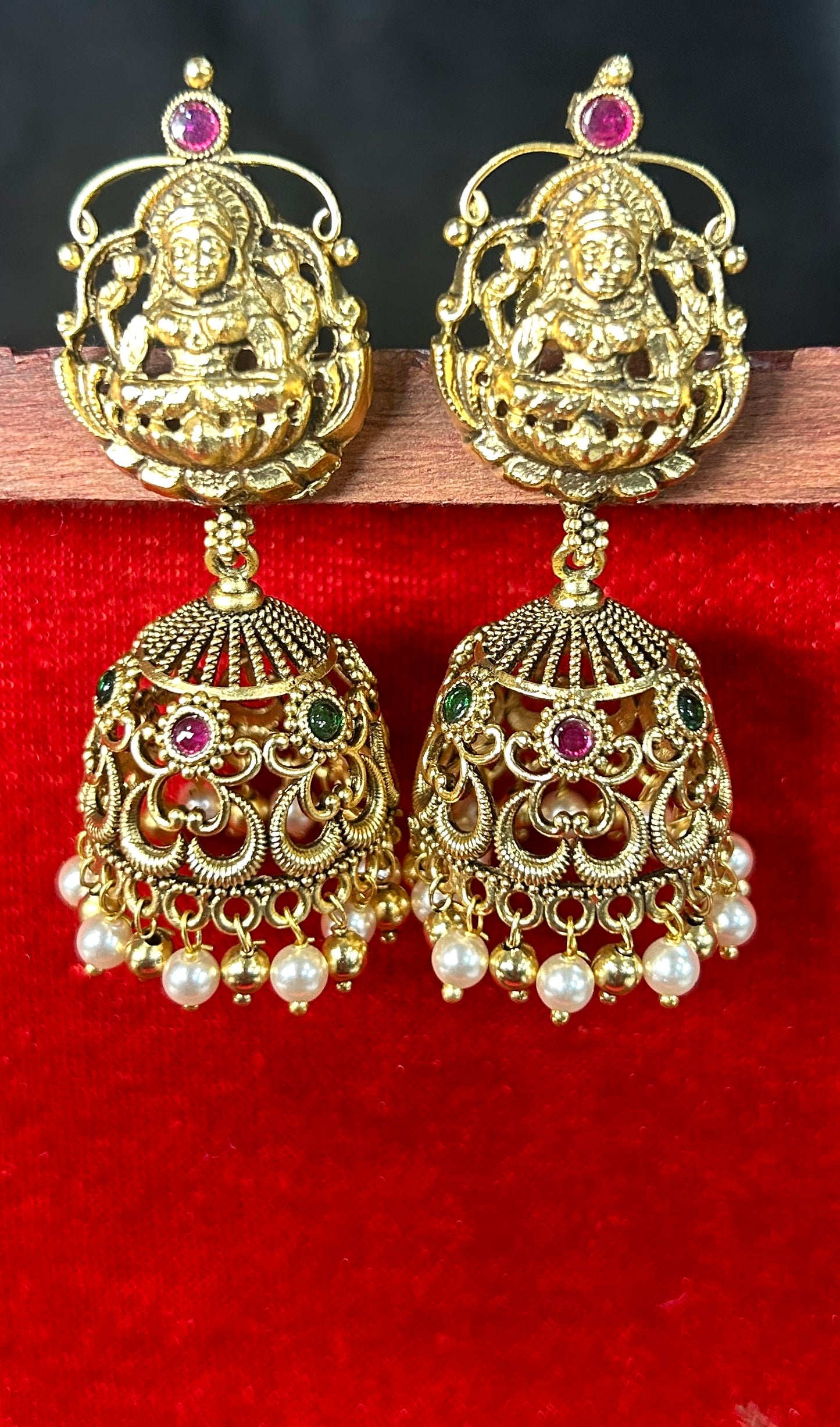 Lakshmi Lotus Temple Jhumkas with Pearl Hangings