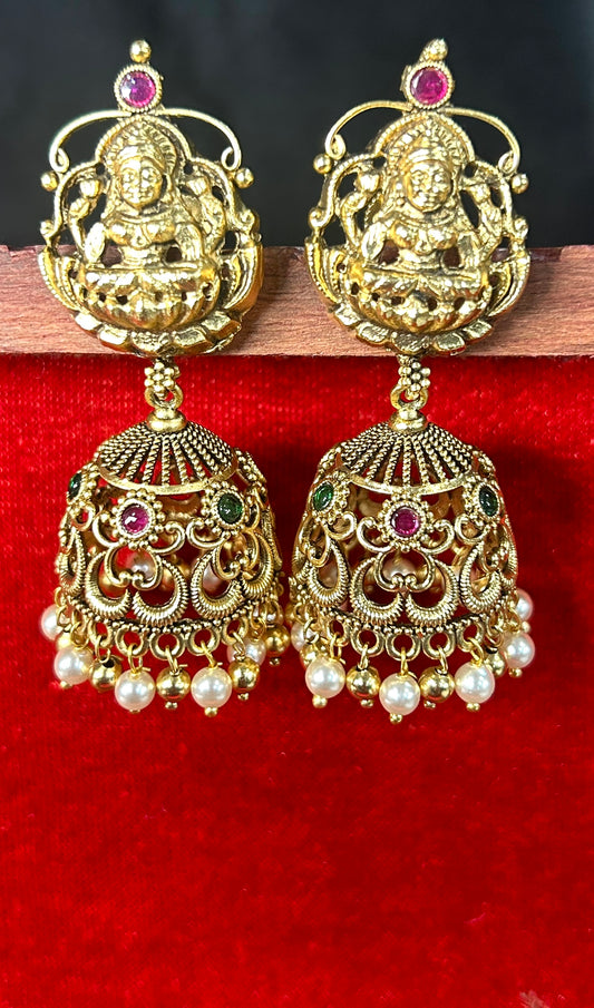 Lakshmi Lotus Temple Jhumkas with Pearl Hangings