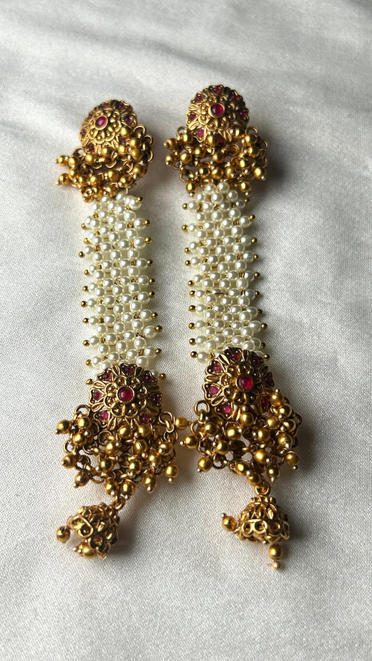 Traditional Pakke Long Earrings with Pearls & Kemp Work