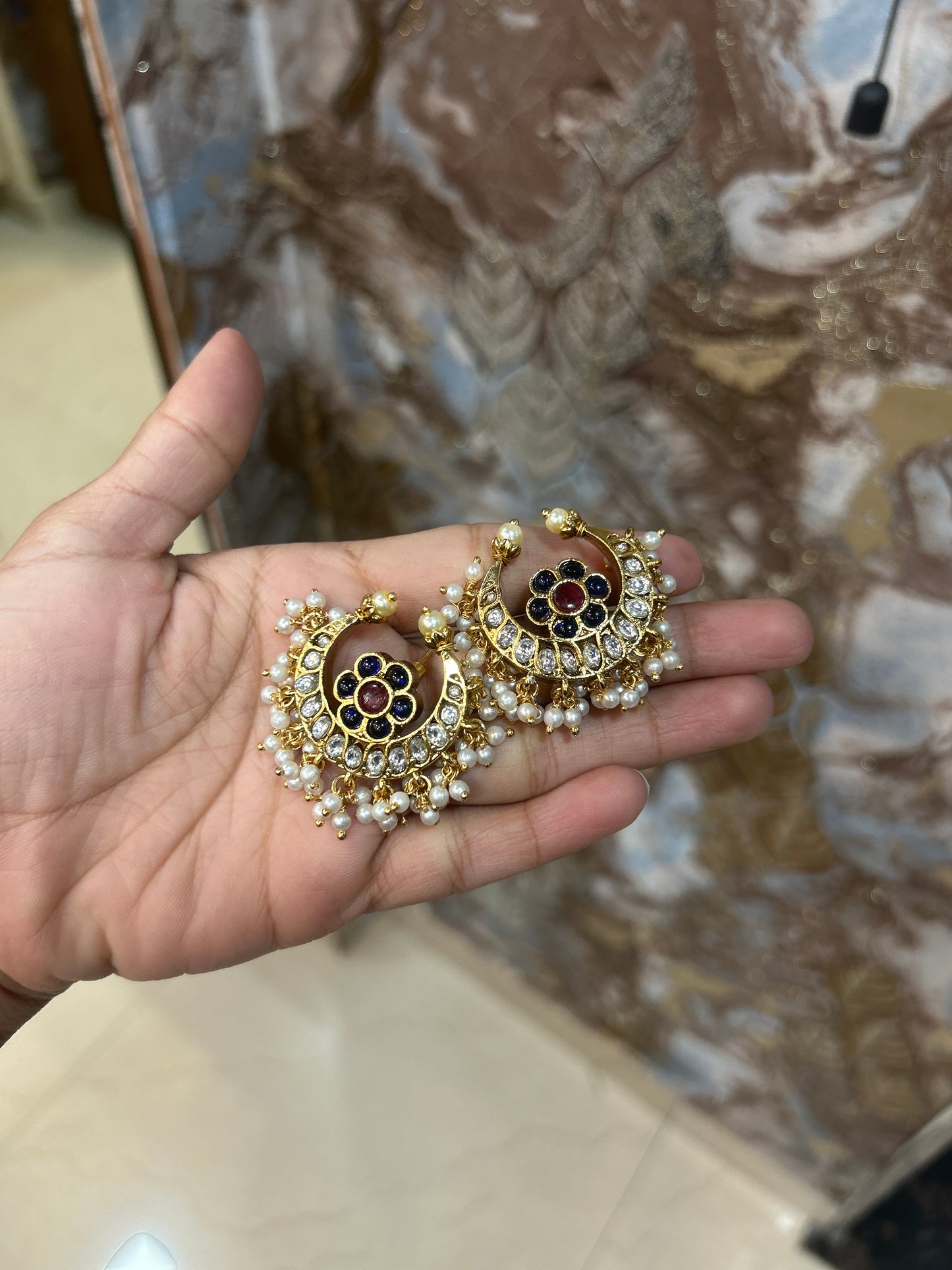 Royal Ruby–Pearl Kundan Chandbali Earrings