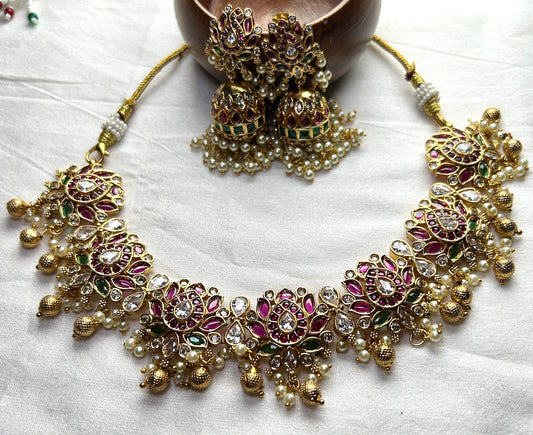 Kundan Choker Necklace Set – With Pearl Drops & Meenakari Touch