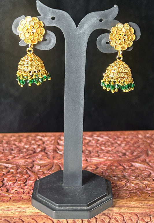 Floral Stud Jhumkas with Green Bead Drops