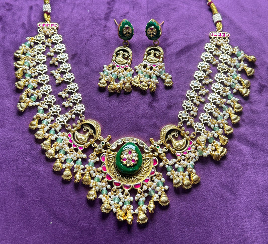 Antique Pachikundan Necklace Set with Twin Peacock Motifs