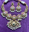 Antique Temple Necklace Set with Double Peacock Motif & Kundan Embellishments
