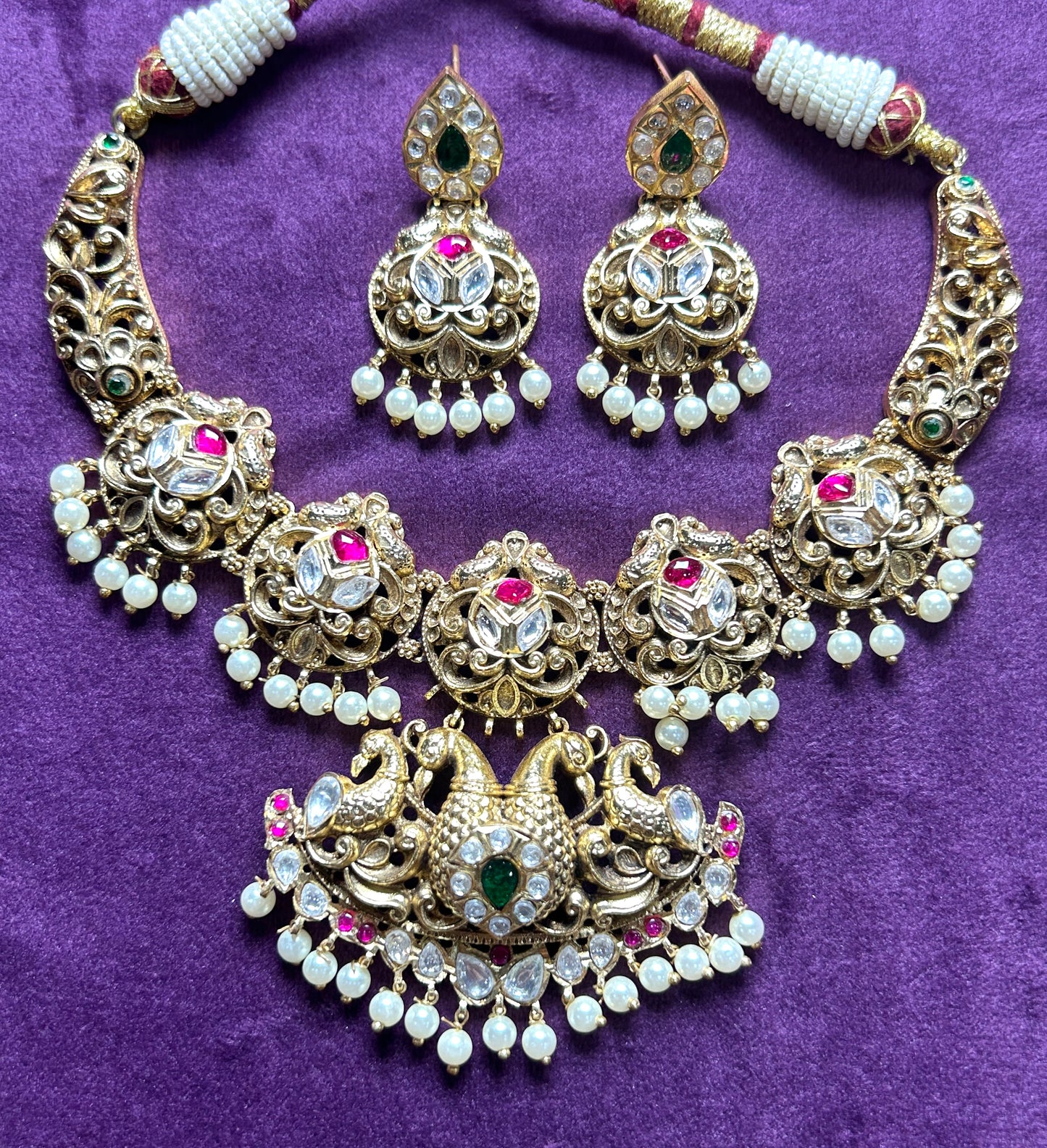 Antique Temple Necklace Set with Double Peacock Motif & Kundan Embellishments