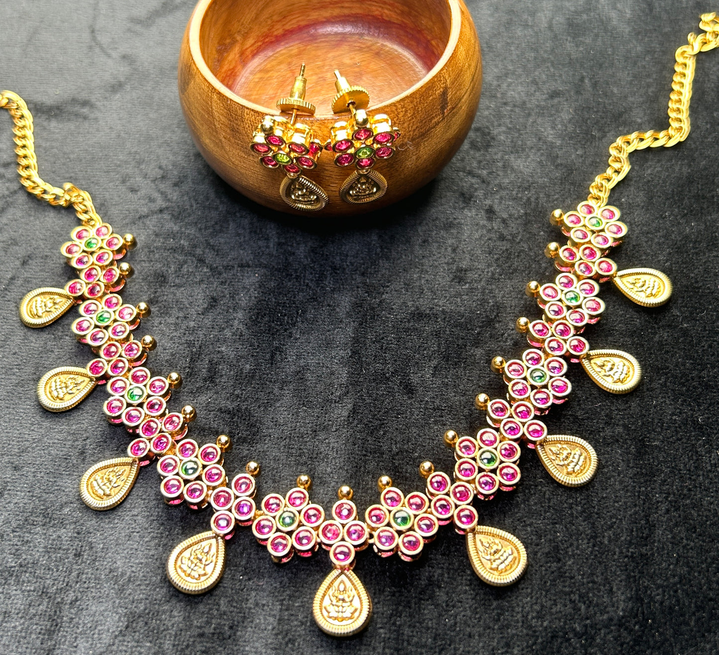 Floral Cluster Necklace Set with Lakshmi Drops – Pink & Green Stone Work