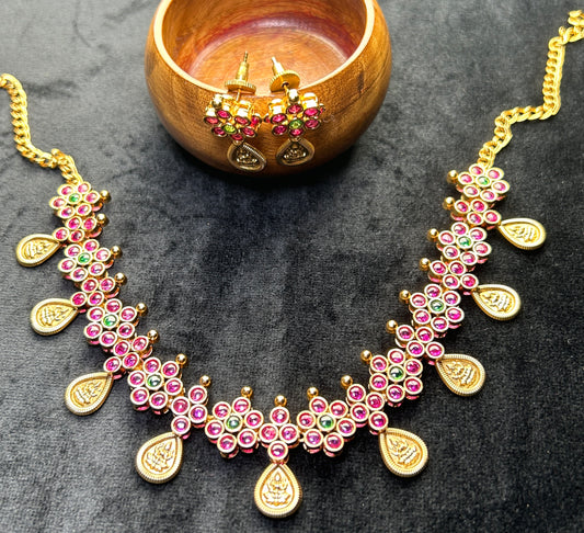 Floral Cluster Necklace Set with Lakshmi Drops – Pink & Green Stone Work