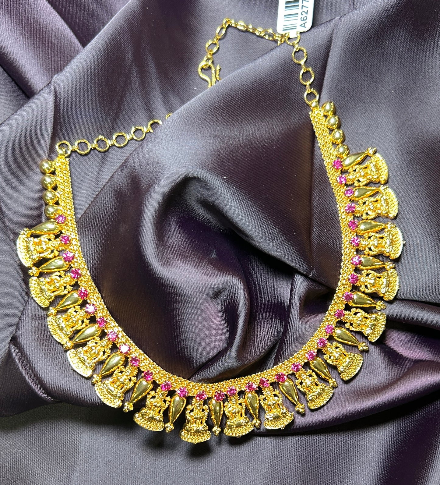 Temple Bells Necklace with Pink Stone Accents