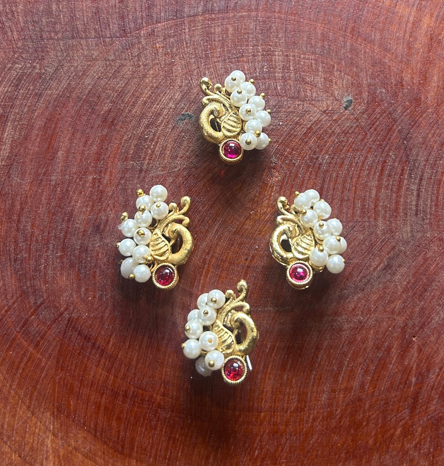 Peacock Hair Accessory with Pearl Clusters & Ruby Stone