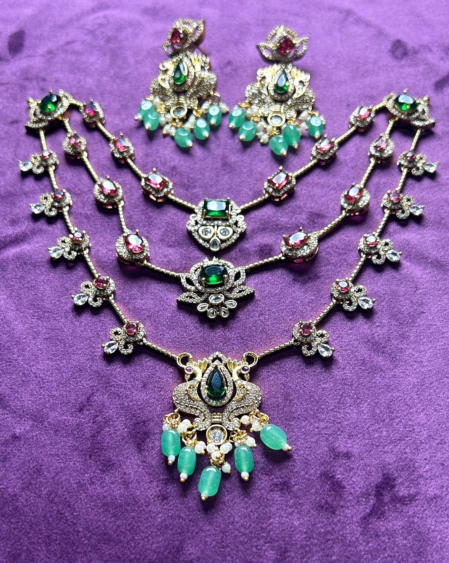 Multilayer Ruby-Emerald Stone Necklace Set with Earrings