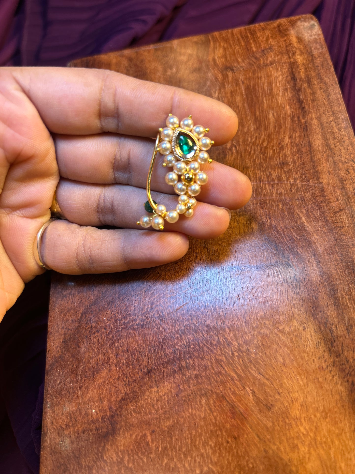 Swarovski Pearl Green Stone Nath – Maharashtrian Elegance