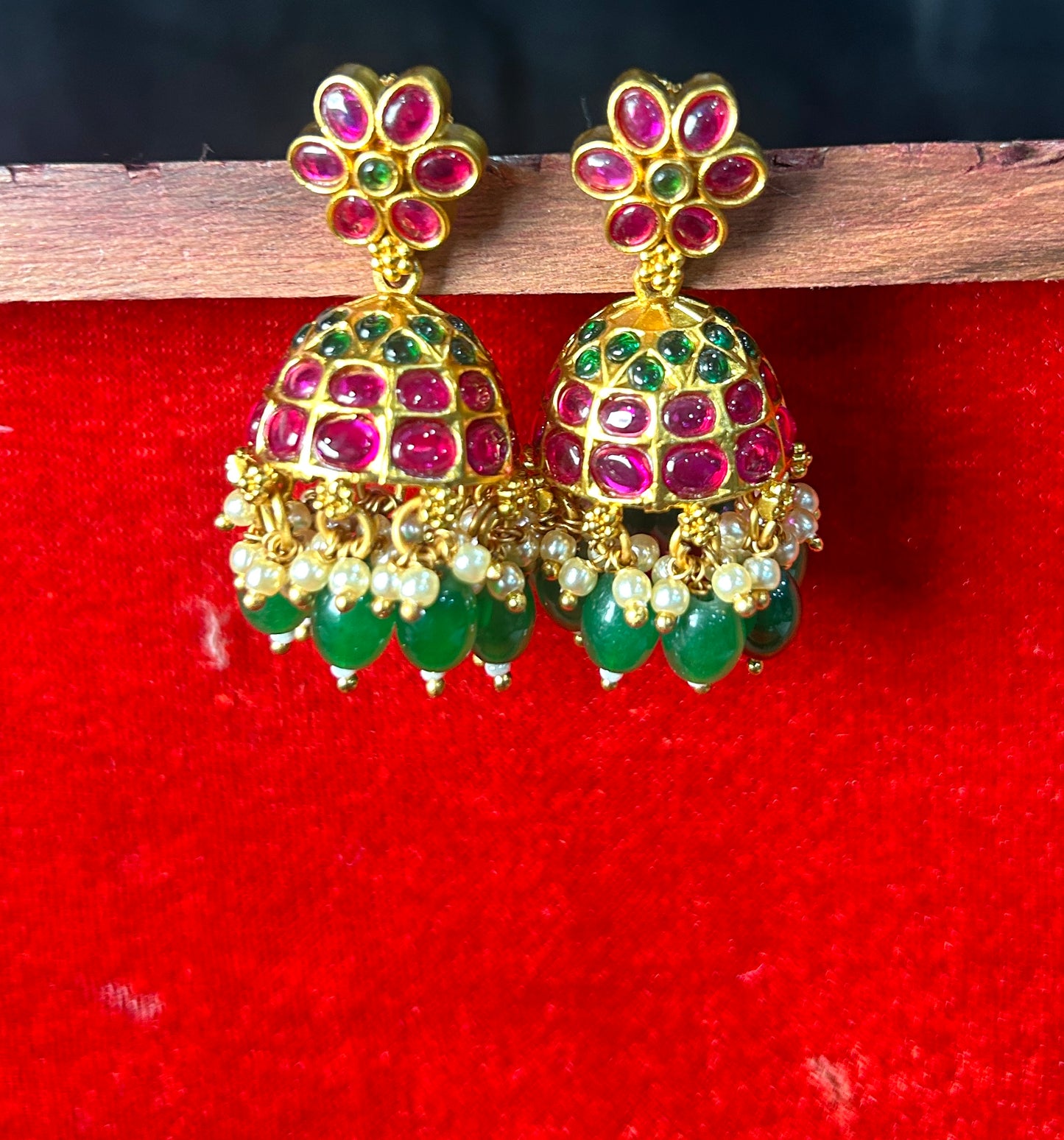Ruby-Green Kundan Jhumka Earrings