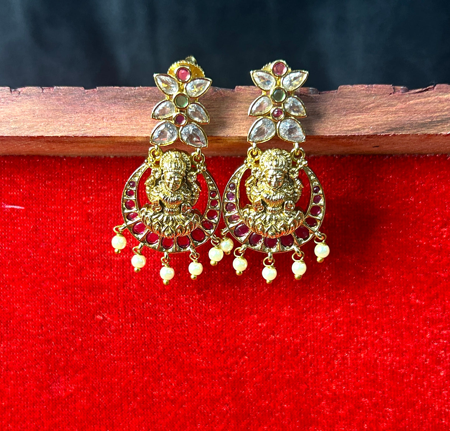 Goddess Lakshmi Chandbali Earrings with Pearls