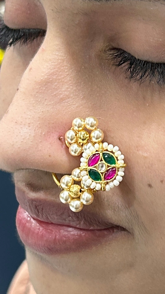 Pearl & Kundan Nath (Traditional Maharashtrian Nose Ring)