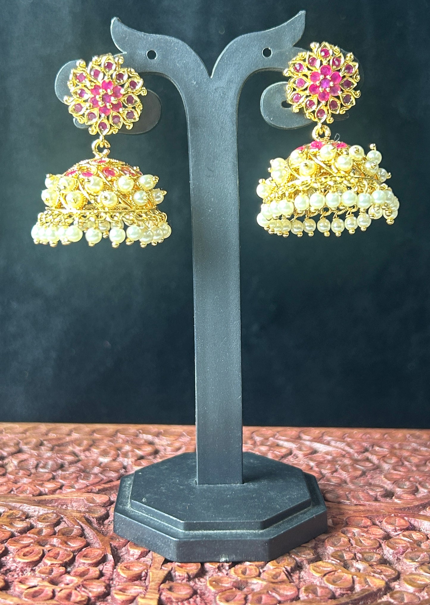 Ruby Floral Jhumkas with Pearl Layers