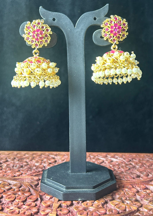 Ruby Floral Jhumkas with Pearl Layers