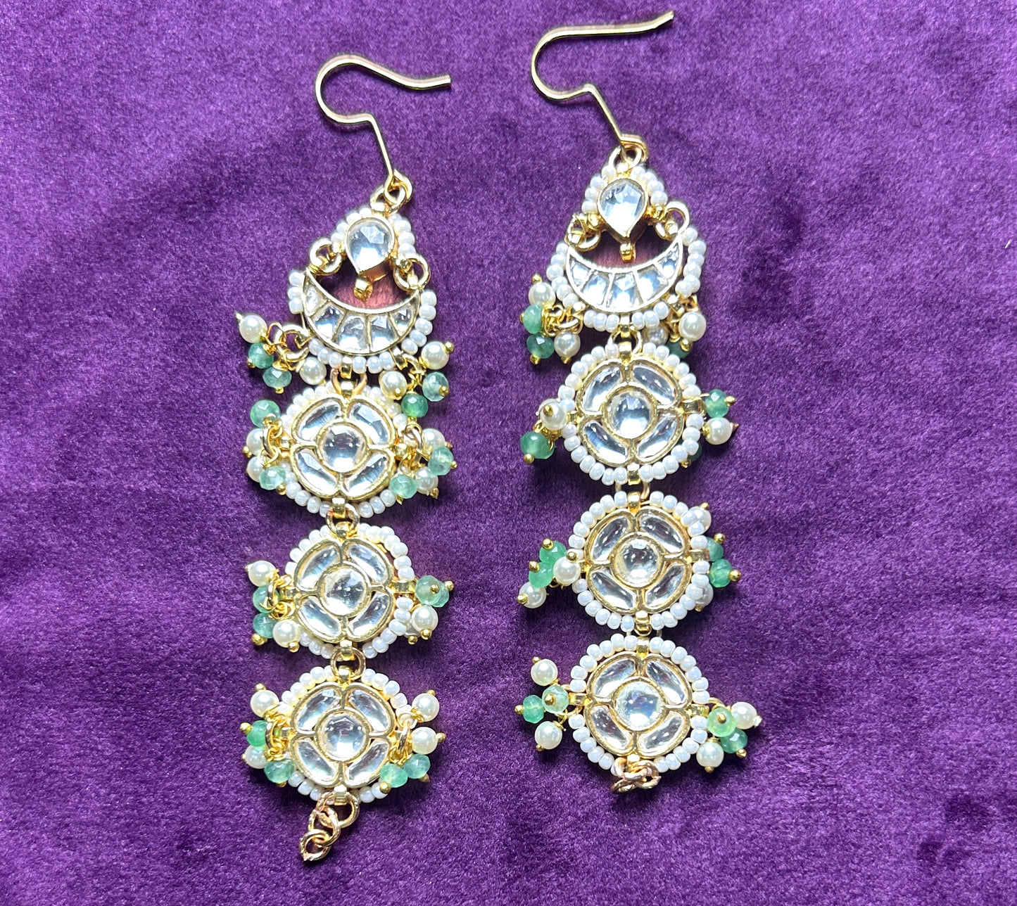 Pastel Kundan Dangler Earrings with Pearl & Mint Bead Drops
