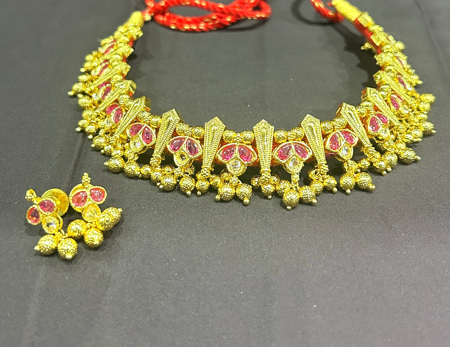 Traditional Ruby Stone Choker Set with Earrings