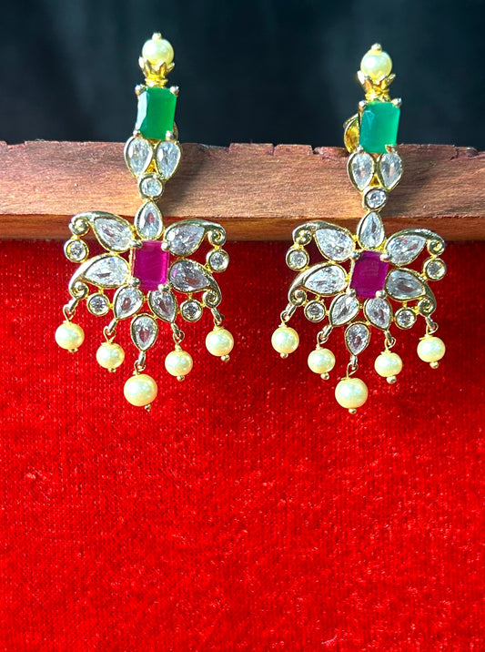 Floral Kundan Earrings with Emerald, Ruby & Pearl Drops