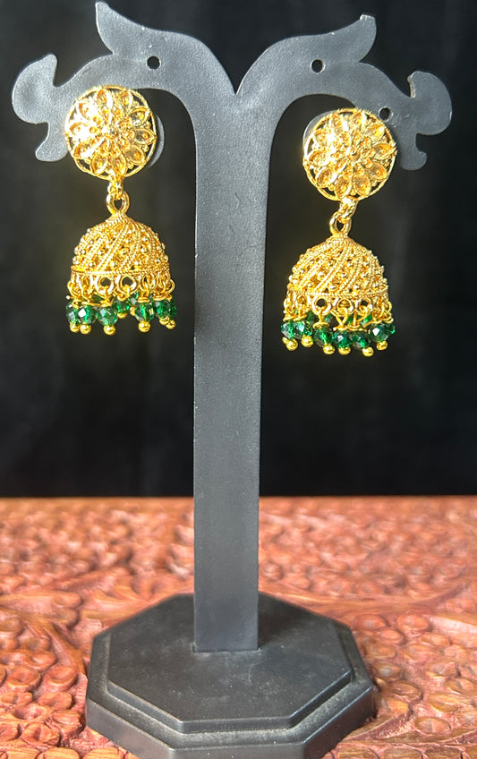 Emerald Glow Golden Jhumkas